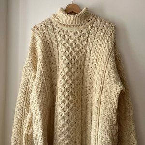 Vintage Ireland Wool Cable Knit Sweater | Pure New Wool Cream Turtleneck